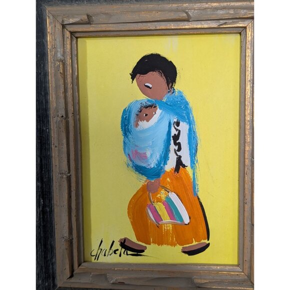 Signed "Chabela" Oil Painting on Board Woman Child Colorful Bag Ornate Frame - Picture 3 of 11